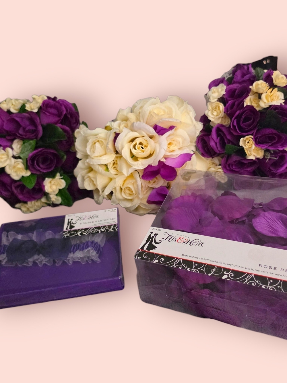 Purple and Off-White Artificial Flower Bouquet Set, Petals, And Garter